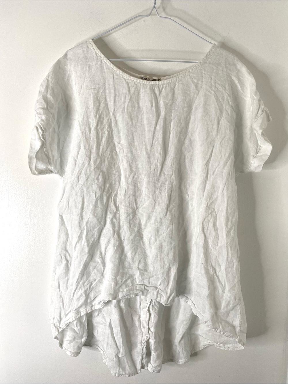Terzo Millennio Italy White Linen Blouse Button Back Hi Lo Top